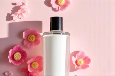 Rosewater toner bottle and rose petals